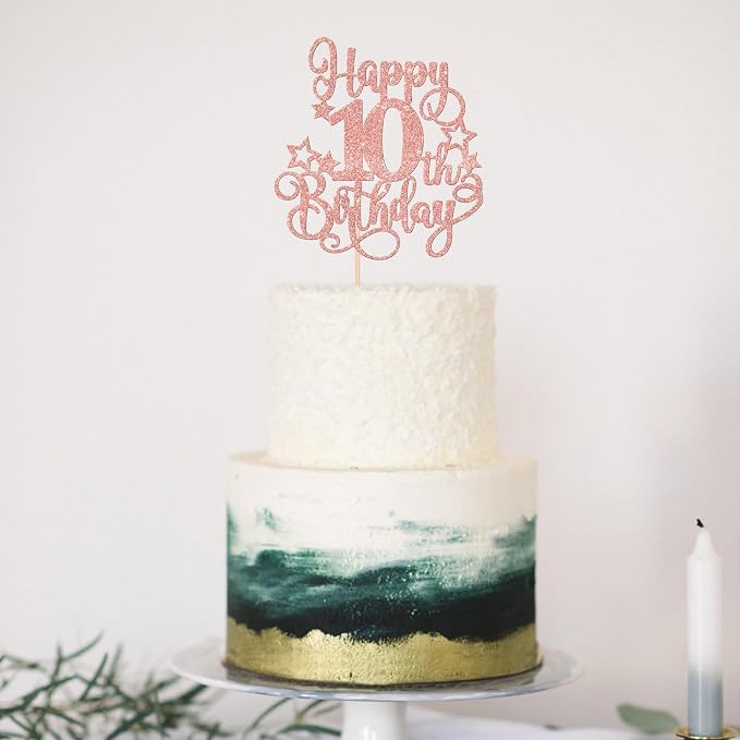 1 PCS Happy 10th Birthday Cake Topper Glitter Cheers to 10 Years Birthday Cake Pick Hello 10 Fabulous Cake Decoration for Happy 10th Birthday Anniversary Party Decorations Supplies Rose Gold