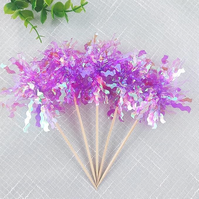 Gyufise 30Pcs Foil Firework Cupcake Toppers Happy Birthday Cake Toppers Tinsel Flower Drink Stirrers Cocktail Food Fruit Toothpicks for Valentine's Day Party Birthday Wedding Supplies Purple