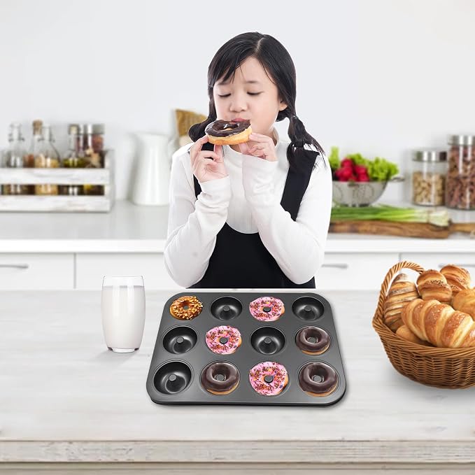 2-Pack Donut Pans for Baking - 12-Cavity Nonstick Carbon Steel Doughnut Trays, Deep Molds for Mini Bagels, Cakes & Homemade Baked Treats, 24 Cavities Total (Black)