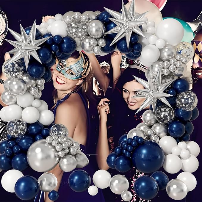 Bonropin 161pcs Navy Blue and Silver Balloon Garland Arch Kit with Blue White Silver Confetti Balloons, Star Foil Balloons, for Graduation New Year Anniversary Birthday Party Decorations