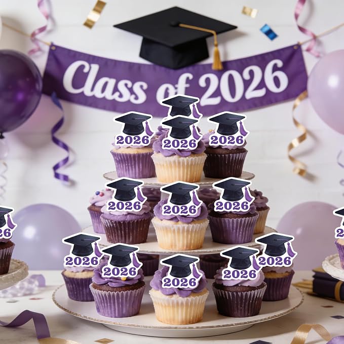 42pcs Edible Graduation Cap Cupcake Toppers Wafer Paper Purple Class of 2026 Cake Decorations Edible Grad Cap Cupcake Picks for 2026 Graduation Theme Party Cake Decor Supplies