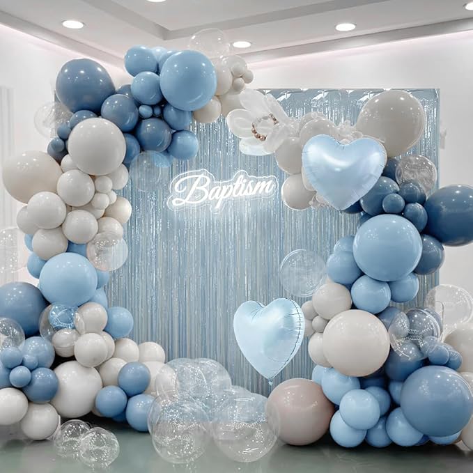 157PCS Pastel Blue and White Balloons Garland Arch Kit with Light Blue Fringe Curtain for Bridal Baby Shower Birthday Engagement Wedding Winter Wonderland Dance Party Decorations