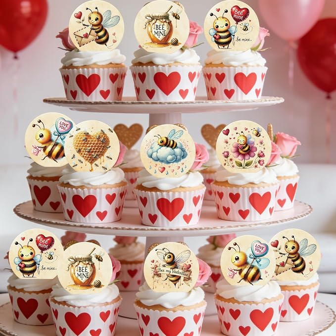 36PCS Edible Bee My Valentine Cupcake Toppers Wafer Paper Honey Bee Love You Cupcake Picks Bee Mine Cake Decor for Valentine's Day Theme Engagement Party Decor Supplies