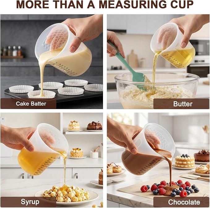 Palksky Silicone Measuring Cups Set 2-Cup with Jar Spatula, Microwave Safe, Honeycomb Heat-Control Grip, Easy-Read Liquid Measuring for Baking, Cooking & Chocolate Melting