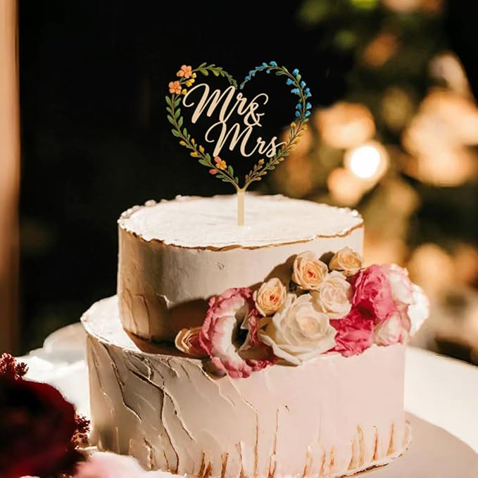Rustic Wooden Mr and Mrs Cake Topper – Boisdubois Elegant Floral Heart Wedding Decoration for Bride & Groom, Weddings, Engagements, Anniversaries & Bridal Showers