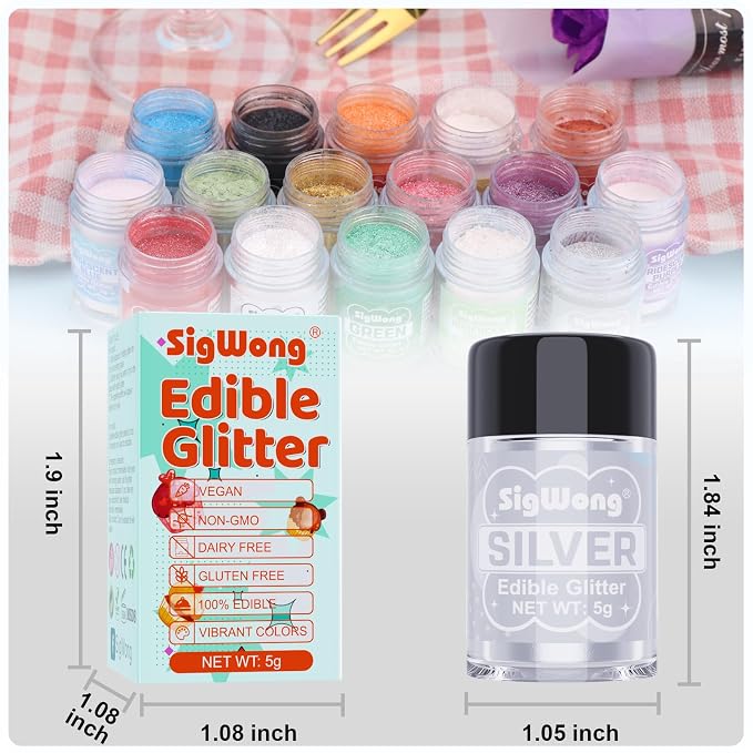 Silver Edible Glitter - 5g Food Grade Cake Decorating Shimmering Glitter, Edible Sprinkle Luster Dust for Drinks, Chocolates, Fondant, Strawberries, Cupcakes, Candy, Easter Cookie - Vegan