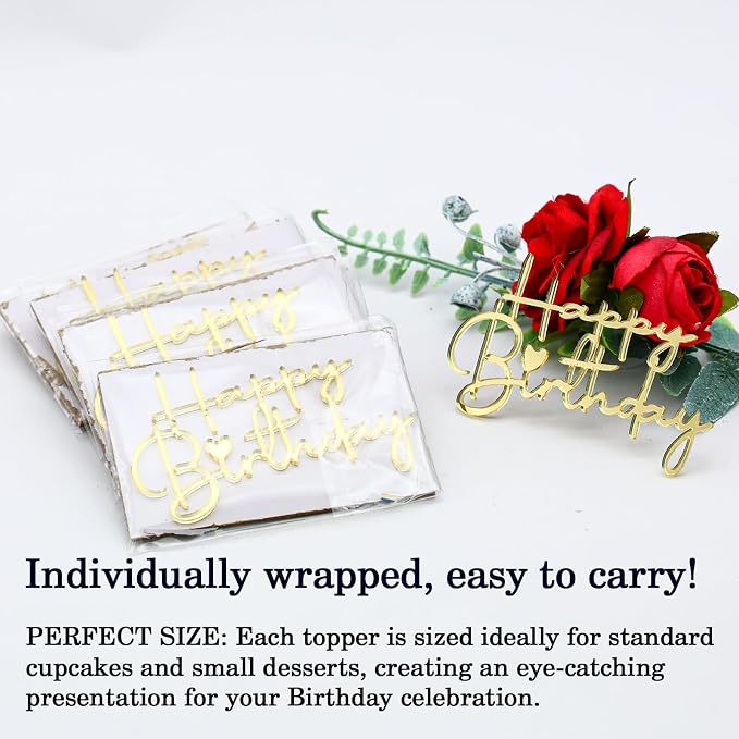 Happy Birthday Cake Topper, Gold Mirror Acrylic, 12 Pieces, Cupcake Party Decorations