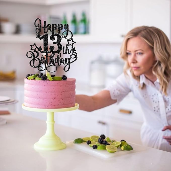 1 PCS Happy 13th Birthday Cake Topper Glitter Cheers to 13 Years Birthday Cake Pick Hello 13 Fabulous Cake Decoration for Happy 13th Birthday Anniversary Party Decorations Supplies Black