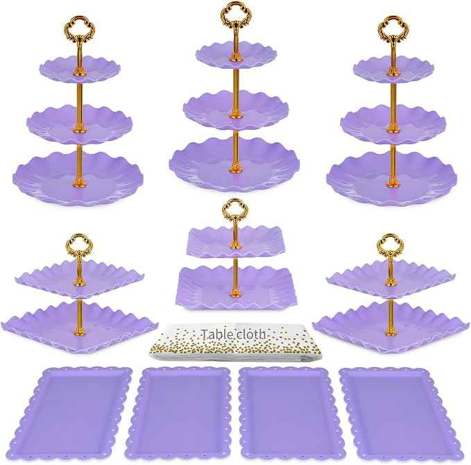 Pack of 11 NWK Cake Stand Set, with 3 x Two-Tier and 3 x Three-Tier Cupcake Stands, 4 x Appetizer Trays, 1 x Tablecloth for Birthday Bridal Baby Shower Party (Purple)