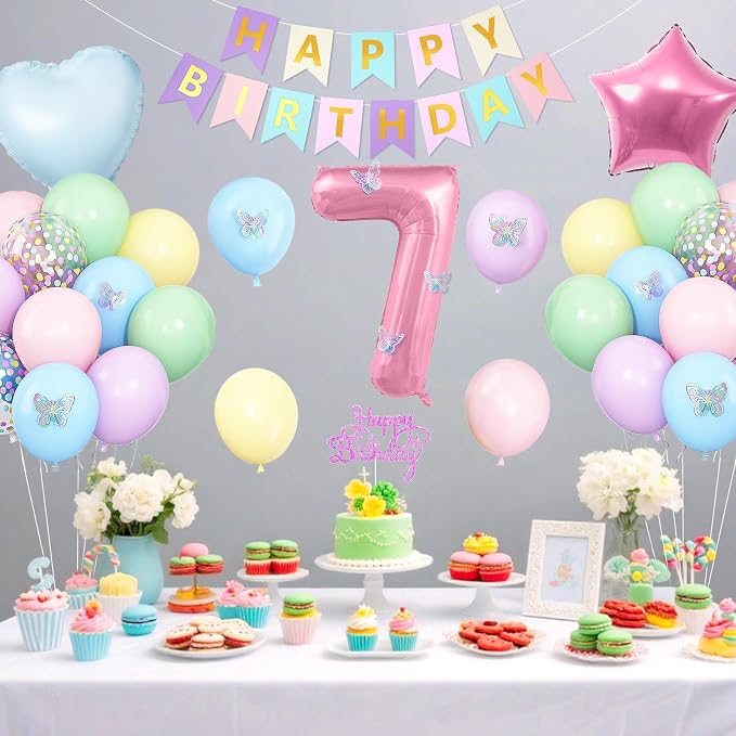 Pastel 7th Birthday Decorations for Girl,Macaron Rainbow 7th Party Decoration Pink Blue Purple Green Yellow Colorful Balloons Banner Star Heart Number 7 Foil Balloon Cake Topper Butterfly Stickers