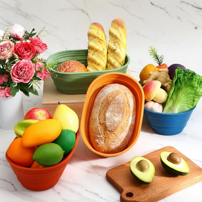 Honeydak 4 Pcs Silicone Bread Proofing Baskets Oval Banneton Basket 10" Collapsible Sourdough Bread Baking Supplies Non-stick Dough Proofing Bowls Container Oven Safe for Breads Making (Retro Color)