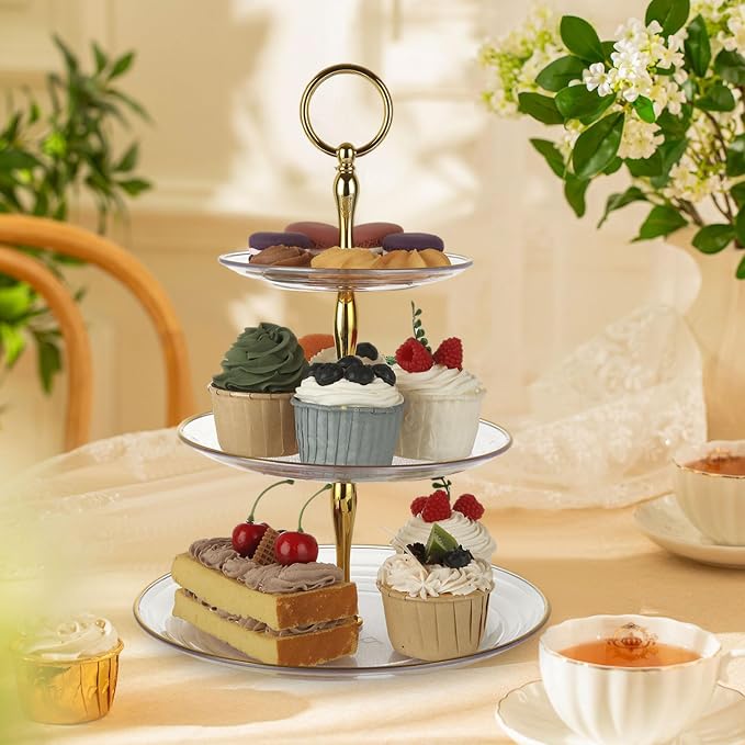 SENENQU 4 Pack 3 Tier Cupcake Stand, Tiered Serving Cake Stand, Transparent Plastic Dessert Stand, Weddings Parties Pastry Serving Tray (Clear Plate with Gold Rim)
