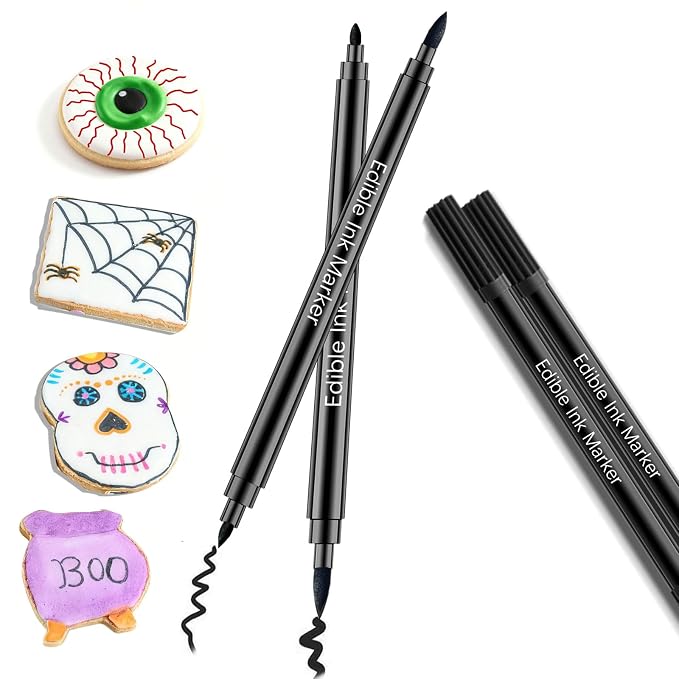Black Edible Markers for Cookie Decorating - 2pcs Black Food Coloring Pen Double Sided Fine Tips Edible Pens, Christmas Food Grade Marker Pens for Baking Decorating, Fondant, Chocolate, Frosting