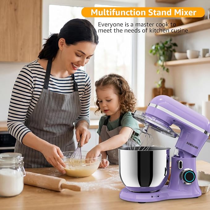 SAMSAIMO 3-IN-1 Electric Stand Mixer, 10-Speed With Pulse Button, Attachments include 6.5QT Bowl, Dough Hook, Beater, Whisk for Most Home Cooks (Purple)