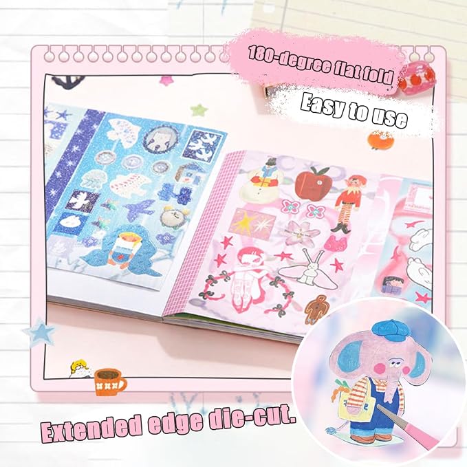 30 Sheets Fantasy Cartoon Sticker Book Cute Kawaii Scrapbook Stickers, Adhesive Notes & Memo Pads for Planner, Journal, Photo Album, Water Bottle DIY Crafts Pink-Purple