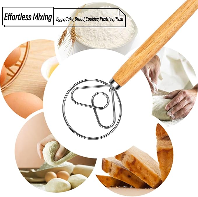 Danish Dough Whisk with Dough Hook Stainless Steel Wooden Handle for Sourdough Bread Baking Dough Mixing