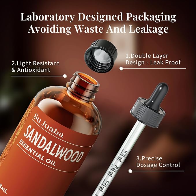 SU JUABA Sandalwood Oil 4 Fl Oz, Aromatherapy Oil for Diffuser,Skincare, Hair Care, DIY Fragrance, and Relaxation - 118ML