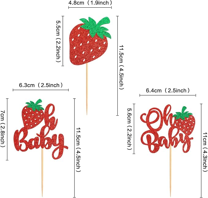 24 Pack Strawberry Oh Baby Cupcake Toppers Glitter Red Strawberries Cupcake Picks for Strawberry Baby Gender Reveal Kids Boys Girls Birthday Party Cake Decoration Supplies