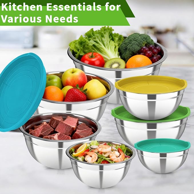 7 Pcs Stainless Steel Mixing Bowls with Colorful Lids Set | Metal Mixing Salad Bowls Nesting Design for Kitchen Mixing/preping/Saving, Size: 0.7, 1.1, 1.5, 2.1, 3.5, 4, 4.5Qt