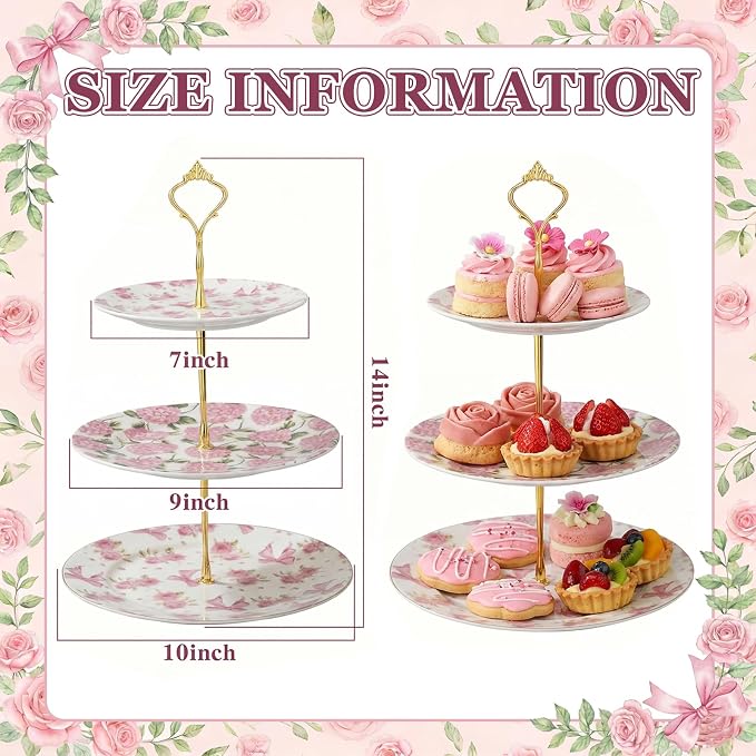 3 Tier Pink Floral Cake Stand Ceramic Coquette Dessert Stand with Gold Metal Rack Shabby Hydrangea Bow Cupcake Tower for Wedding Bridal Shower Baby Shower Birthday Afternoon Tea Party