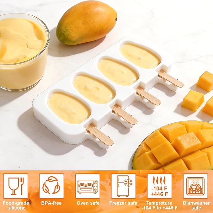 Juome Mango Shape Silicone Popsicle Molds - 4 Cavity 3D Mango Ice Cream Molds with 50 Wooden Sticks for Ice Pop, Cake Pop, Cakesicles, Fruit Pudding