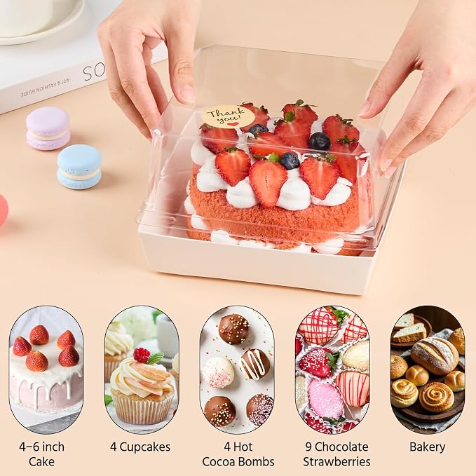 Kucoele Cake Boxes with Clear Lids, 7 x 7 x 4 Inches, 20 Pack, White | Disposable, Paper, Square Charcuterie Boxes, To Go Food Containers, For 4-6 Inch Cake, Jumbo Cupcakes, Bakeries