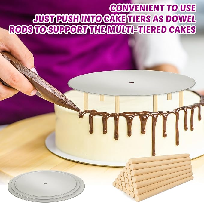 Patelai 89 Pcs Cake Tiered Stacking Kit 8,6,4 Inch Silver Round Cake Boards with Parchment Paper Round and Plastic Dowel Rods for Stacking Support Decorating Supplies