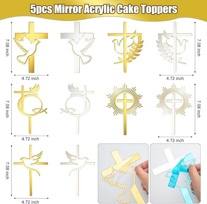 5 Pcs Gold Dove Cross Cake Toppers Acrylic Baptism First Communion Cake Decorations Supplies for Baby Shower Birthday Wedding Party Christian