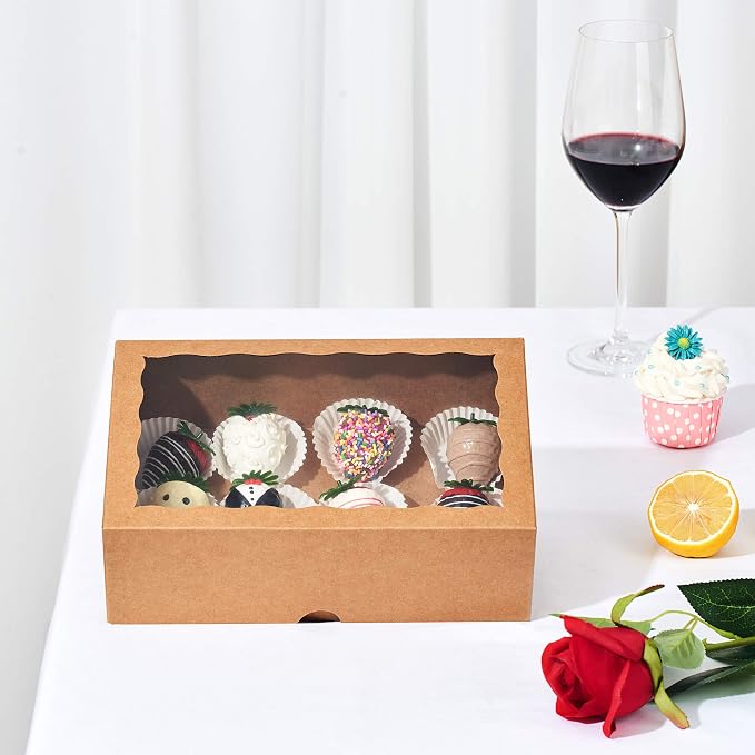 4PCS 10x7 x2.5Inches Premium Brown Strawberry Boxes with Display Window, Sweet Treat Boxes for Cookies, Donuts, Macarons, Muffins& Hot Coca Bombs, Perfect for Any Celebration