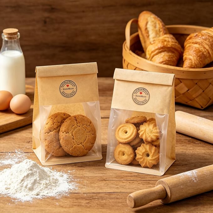 BagDream 50 Pack Cookie Bags with Window 3.9x3.1x8.2 Inch Small Cookie Packaging Treat Bags, Resealable Tin Tie Tab Lock Bakery Bags Grease Resistant for Muffin, Candies, Popcorn, Gift Giving