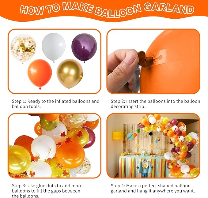 Fall Balloon Arch Kit, Orange Gold Burgundy Fall Balloon Garland Kit, Thanksgiving Balloons with 2pcs 2-Meter-Long Maple Leaves, Pearl Gold Orange White Balloons for Autumn Harvest Party Decorations