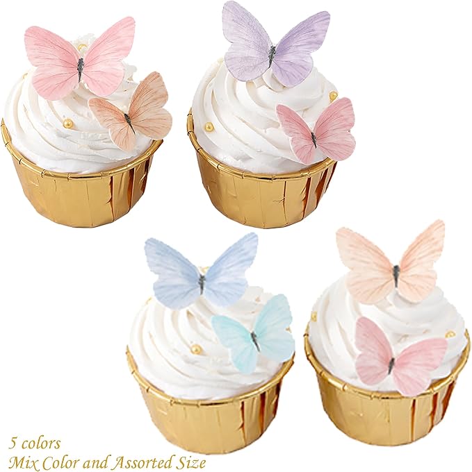 58Pcs Edible Butterflies Cake Toppers Wafer Paper Butterfly for Cake Cupcake Decorations Colorful Small Pastel Cupcake Topper for Wedding Birthday Baby Shower Cake Decoratings(Mix Color & Size)
