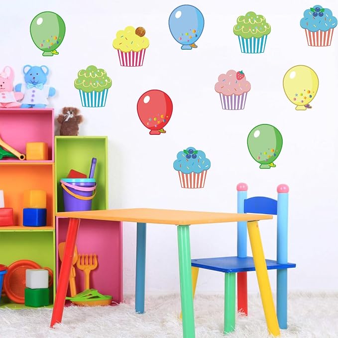 Vuzvuv 80Pcs 5In Cup Cake and Balloon Paper Cutouts with 160Pcs Glue Points,Cup Cake and Balloon Cut Outs Bulletin Board Decorations for Birthday Party Theme Decor Supplies