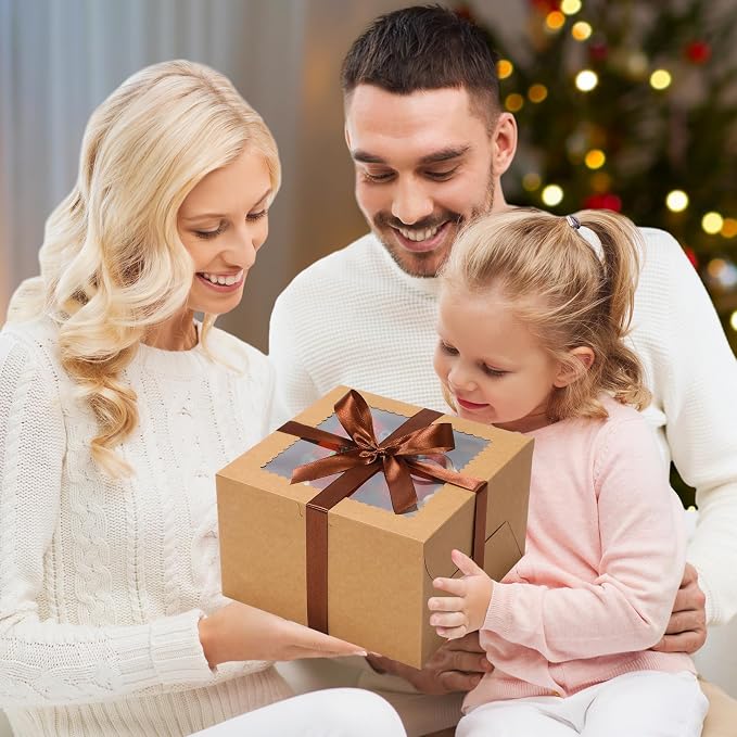 KPOSIYA 40pcs 8x8x5 inches Cake Boxes with Cake Boards(20 Boxes & 20 Boards), 8 inch Brown Cake Boxes with Window,Cajas Pasteles Square Cardboard Cake Containers for Christmas Thanksgiving