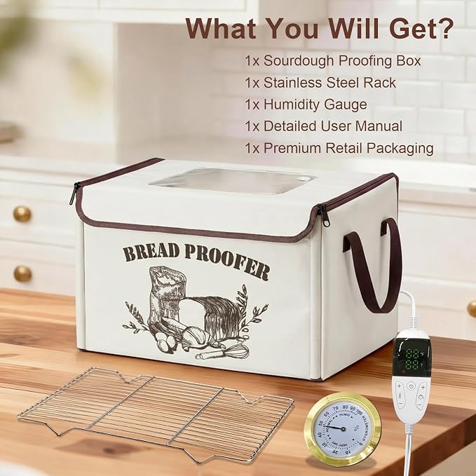 Large Folding Bread Proofing Box, Dough Proofer With 50-113℉Temp Control & 1-48H Timer, Sourdough Starter Warmer with Humidity Gauge, Foldable Proofing Basket for Bread Baking, Pizza, Yogurt, Kombucha