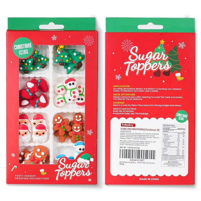 Christmas Icing Decorations 27 Counts Edible Royal Icing Cake Decoration Gingerbread Man Christmas Tree Snowman Santa Claus Xmas Stocking for Holiday Party Cake Topper
