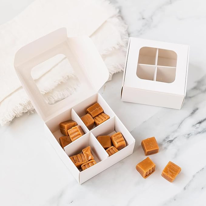 100 pcs Kraft Mini Truffle Box for 4 Treats with Window and Dividers, Bakery Boxes, 3.5 x 3.5 x 1.57 Inches VERY SMALL Baking Boxes for 4 Treats, Square Truffles Box for Gift Giving