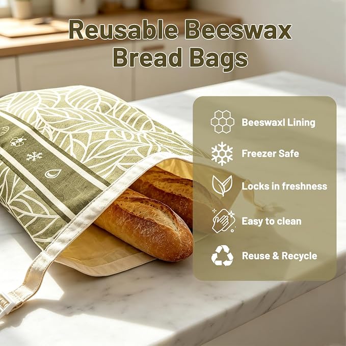 2Pk Reusable Bees Wax Bread Bag - 100% Organic Beeswax Lining & Linen Cotton Outer - XL Foldable Bread Bags for Homemade Bread sourdough, Extra Cleaning Sponge (Antique Foliage & Stripe)