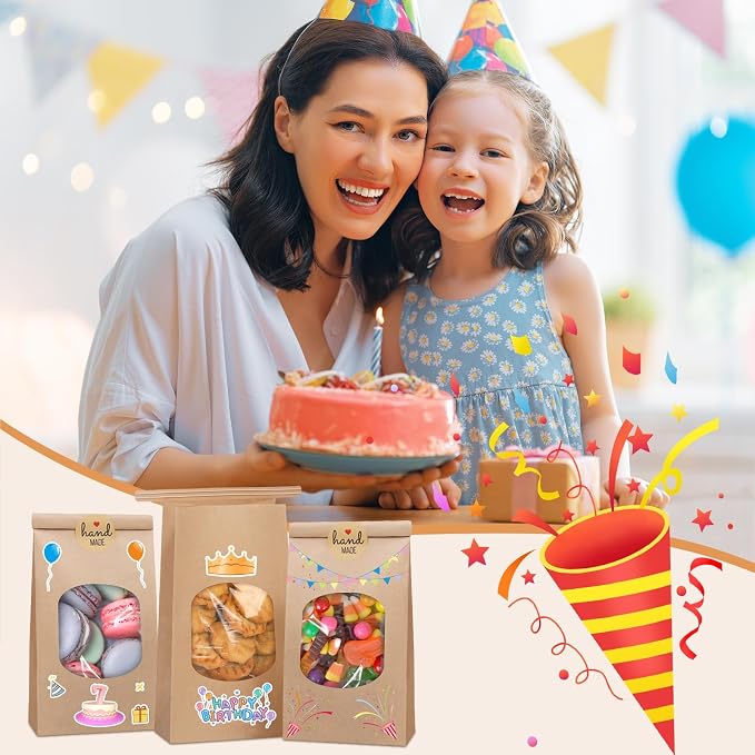 Eupako 3.54x2.36x6.7 Bakery Bags with Window 50 PCS Brown Tin Tie Tab Lock Bags Kraft Paper Bags for Cookies, Coffee, Included 50 PCS Handmade Stickers