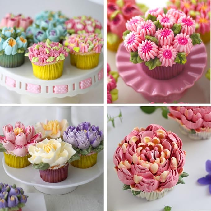 34 Pieces Stainless Steel Russian Flower Icing Tips Set,12 Special Russian Piping Nozzles,1 Cleaning Brush,1 Plastic Coupler,10 Silicone Cupcakes Mold,10 Disposable Pastry Bags for Cake Decorations