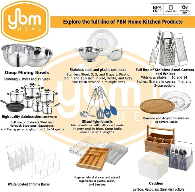 YBM HOME Heavy Duty Professional Stainless Steel Mixing Bowl – Commercial Grade Deep Prep & Serving Bowl for Baking, Cooking, Dough Mixing & Food Prep, Dishwasher Safe, 10 Quarts