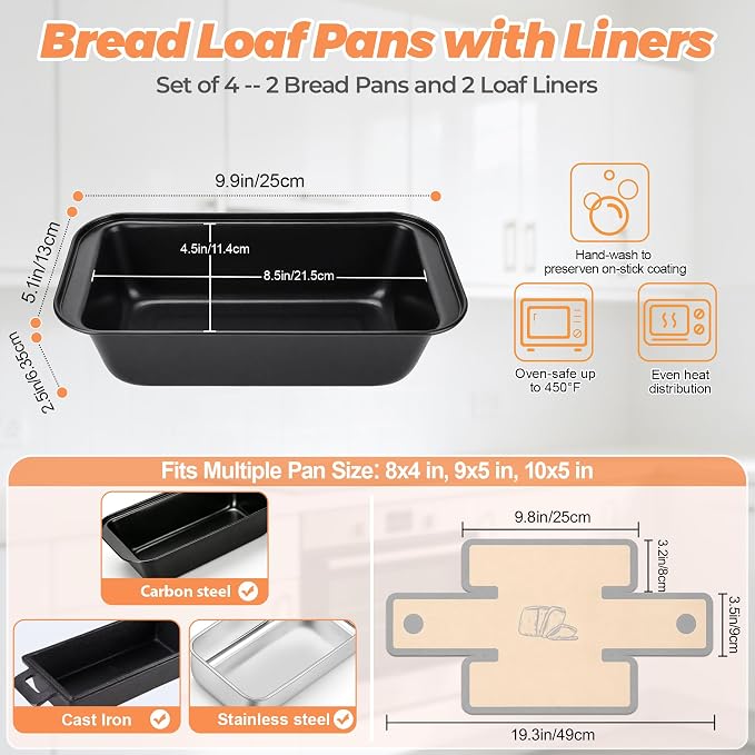 HOTEC Bread Loaf Pan with Liner Set of 4, Nonstick Bread Pans for Homemade Bread with Silicone Bread Sling Liners for Easy Release, Even Heat Distribution Bakeware for Meatloaf Lasagna Cake