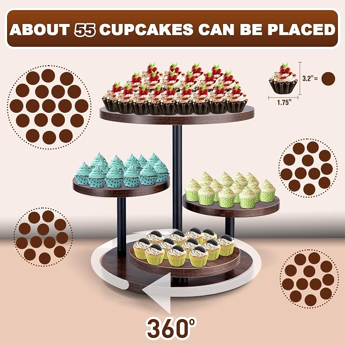 Cupcake Stand, 4 Tier Round Wood Cupcake Tower Stand for 50 Cupcakes, Rotatable Wooden Tiered Display Stand with Tiered Tray, Rustic Cupcake Stands for Birthday Wedding Baby Shower Graduation Party