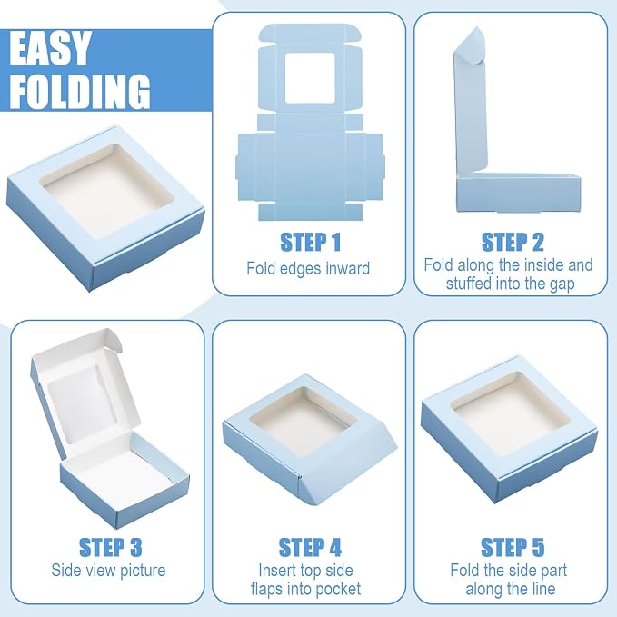 Zonon 30 Pcs Kraft Paper Boxes with Window 4.13 x 4.13 x 1.18 Inch Candy Packaging, Small Gift Boxes, Soap holder, Mini Treat Packaging for Bakery Chocolate Jewelry Display (Blue)