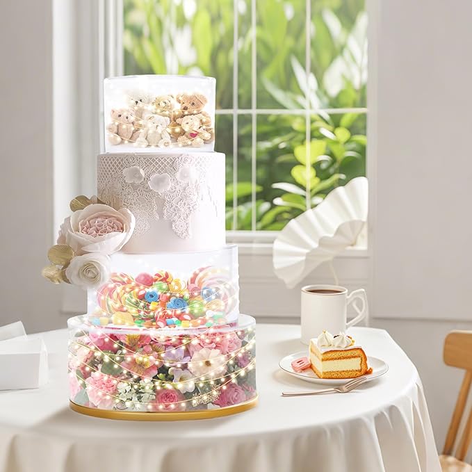 3 PCS Acrylic Clear Cake Stand Round 6 Inch 8 Inch 10 Inch Cake Display Stand with Lid Fillable Tier Cylinder Box for Wedding Birthday Baby Shower Party (Round)
