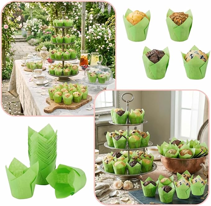 200 Pcs Green Tulip Cupcake Liners for Baking, Standard Size | Standard Greaseproof Tulip Muffin Liners for Baking, 3oz Green Paper Cupcake Wrappers for Party Wedding Birthday
