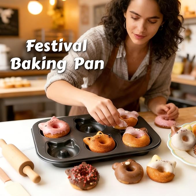 2 Pack Donut Pans, 2 1/2" Non-Stick Cat & Bear-Shaped Donut Mold Cake Pan, 6 Cup Carbon Steel Doughnut Pan for Home Baking
