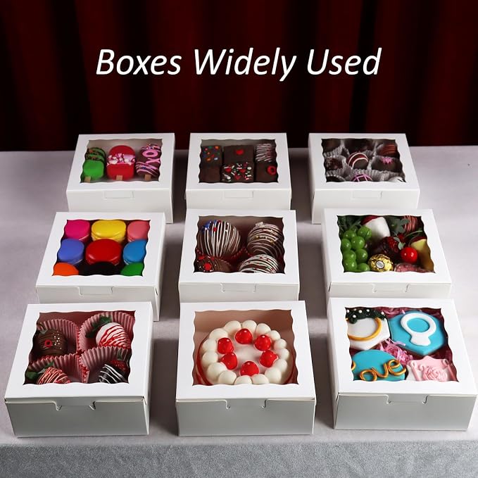 RomanticBaking 20PCS 6x6x2.5 Inches Elegant Bakery Boxes with Window,Ideal for Cookies,Chocolate Covered Strawberries, Cakes, Macarons, Truffles,and More,Easy to Assemble, Transparent Window,
