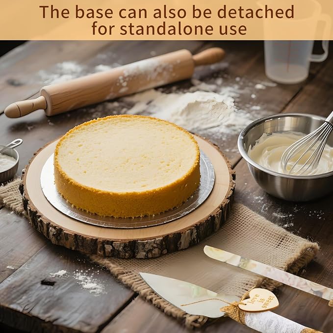 11.5"-12.5" Wood Cake Stand with Cake Cutting Set (Knife and Server) - Rustic Wooden Cake Holder for Decorating, Party, Wedding, Baby Showers, Reception, Event - Ideal Baking Gift & Home Decor