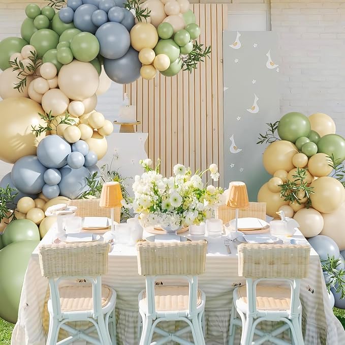 Sage Green Dusty Blue Yellow Pastel Balloon Arch Kit, 124Pcs Double Stuffed Yellow Green Dusty Blue Sand White Balloons for Baby Shower Wedding Bridal Birthday Gender Reveal Party Decorations